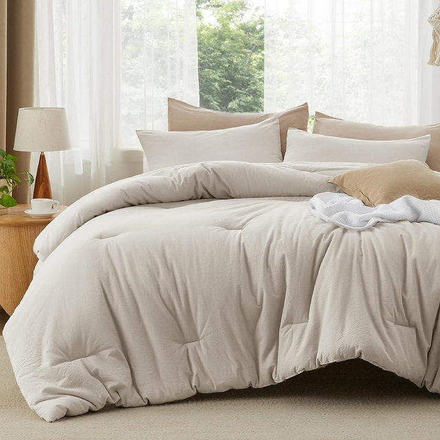 Bedsure Cotton Comforter Set King Size - Linen Color Washed Cotton Comforter, Soft Bedding for All Seasons, 3 Pieces, 1 Comforter (104"x90") and 2 Pillow Cases (20"x36")
