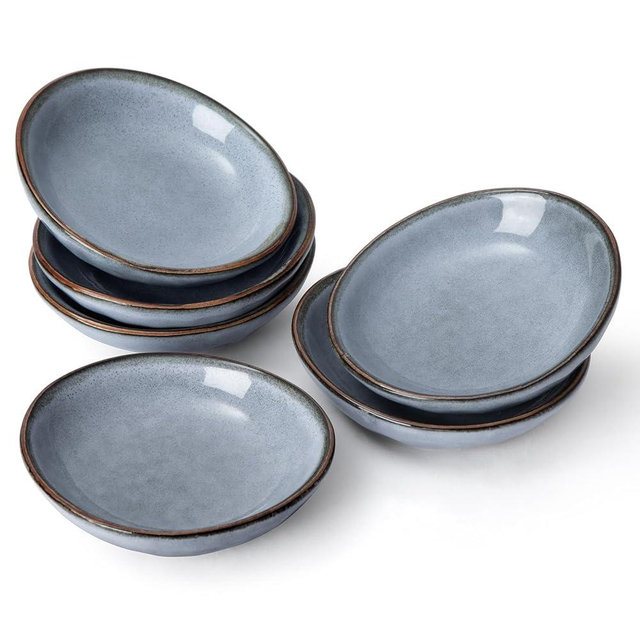 famiware Ocean Soy Sauce Dishes of 6, Oval Dipping Sauce Cups/Bowls/Dishes for Kitchen, 2.1oz Ceramic Small Bowls for Side Dishes, Appetizers, Snacks, and Sushi, Reactive Glaze, Dishwasher Safe, Blue