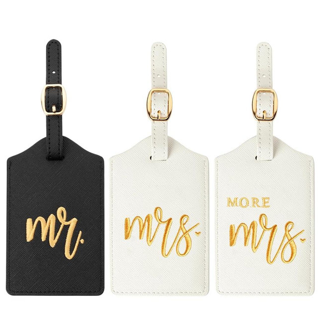 Mr, Mrs and More Mrs Luggage Tags, Embroidered Faux Leather Suitcase Tags, Wedding Gift for Couple, Honeymoon Travel Accessories, Bridal Shower & Engagement Gifts (Classic)