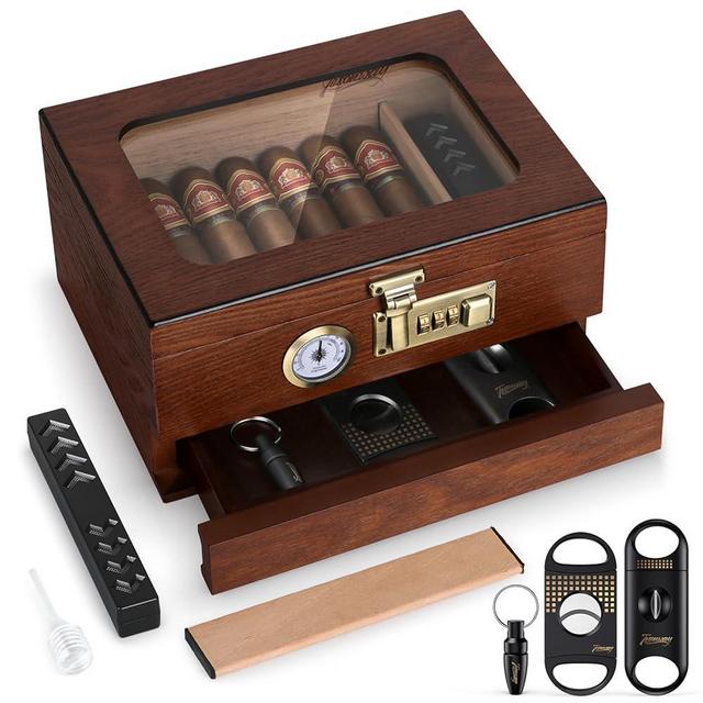 Tesonway Cigar Humidor, Cedar Wood Humidor Cigar Box, Glass Top Desktop Humidor with Front Hygrometer, Humidifier, Divider, Accessories Drawer and Combination Lock, Cigar Gifts for Men (Brown)
