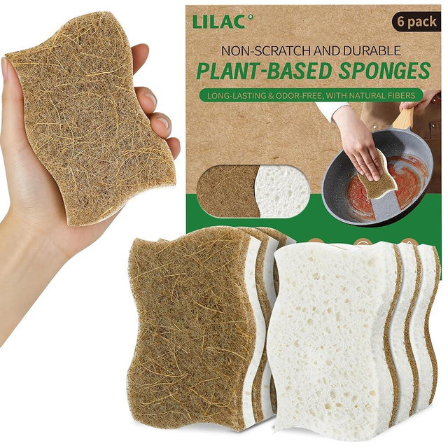 LILAC Natural Cellulose Sponges for Dishes - Ergonomic Non-Scratch Kitchen Scrub Sponges - 100% Biodegradable & Eco-Friendly Cleaning Sponges for Non-Stick Cookware, Bathroom & Household (6 Pack)