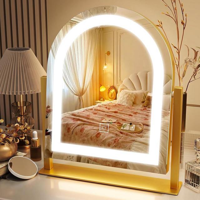 ROLOVE Lighted Makeup Mirror with 3-Color Dimmable Lighting, with Removable 10x Magnifier, Smart Touch Control, 360° Rotation, 15" x 13" Hollywood Vanity Mirror for Tabletop Desk (Gold)