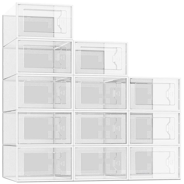 12 Pack Shoe Storage Box, Clear Plastic Stackable Shoe Organizer for Closet, Space Saving Foldable Shoe Containers Bins Holders