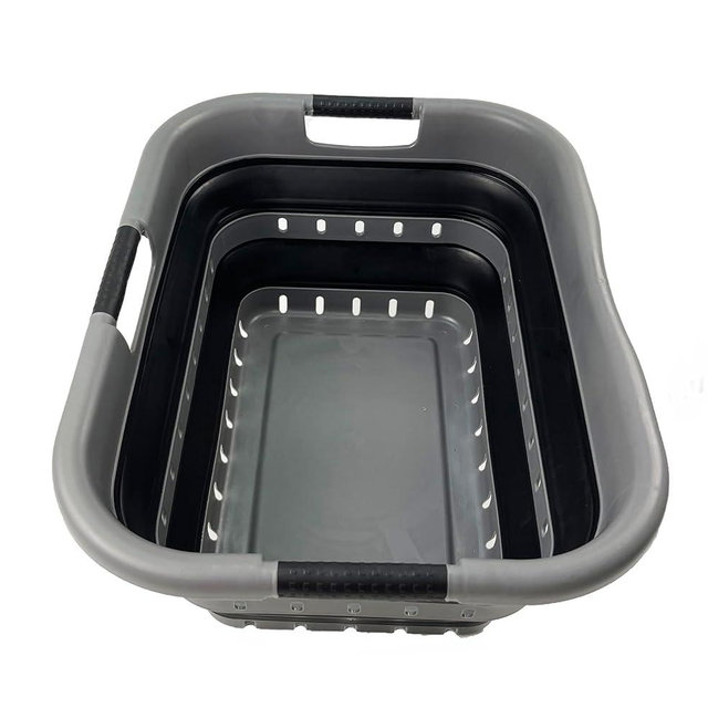 SAMMART Collapsible 3 Handled Plastic Laundry Basket - Foldable Pop Up Storage Container/Organizer - Portable Basket - Space Saving Hamper/Basket (Grey/Black, 3 handled rectangular)