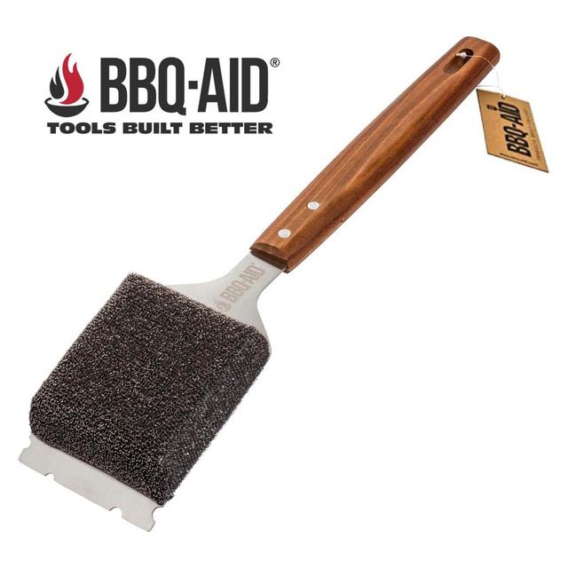 BBQ-AID Bristle Free Grill Brush and Scraper for Barbecue - Large Wooden Handle and Replaceable Head