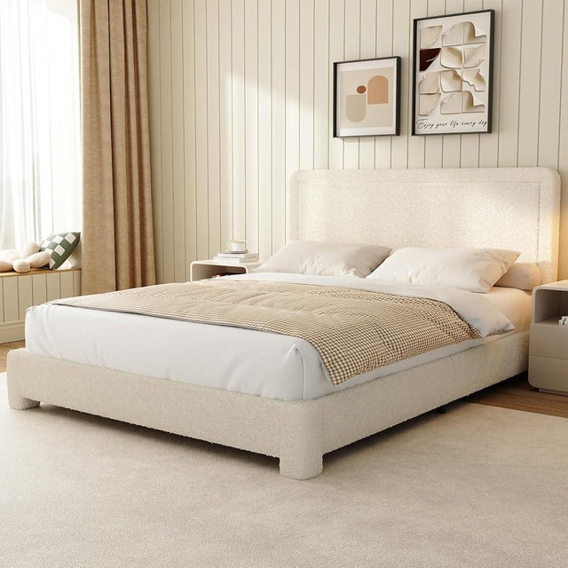 WEUP Queen Size Boucle Bed Frame, Soft Teddy Fabric Bed Frame with Adjustable Headboard, Upholstered Cloud Bed Frame, Modern Cream Bed Frame, Rounded Corners, No Box Spring Required, Easy Assembly