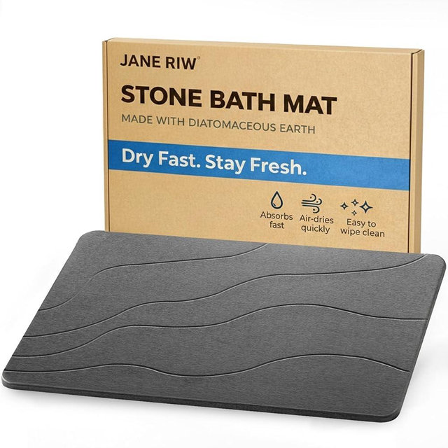 JANERIW Stone Bath Mat, Quick-Dry Diatomaceous Earth Shower Mat, Absorbent Bathroom Mat for Shower/Tub Exit, New Apartment Essential & Housewarming Gift, 23.5" x 15.5" Dark Gray Wave
