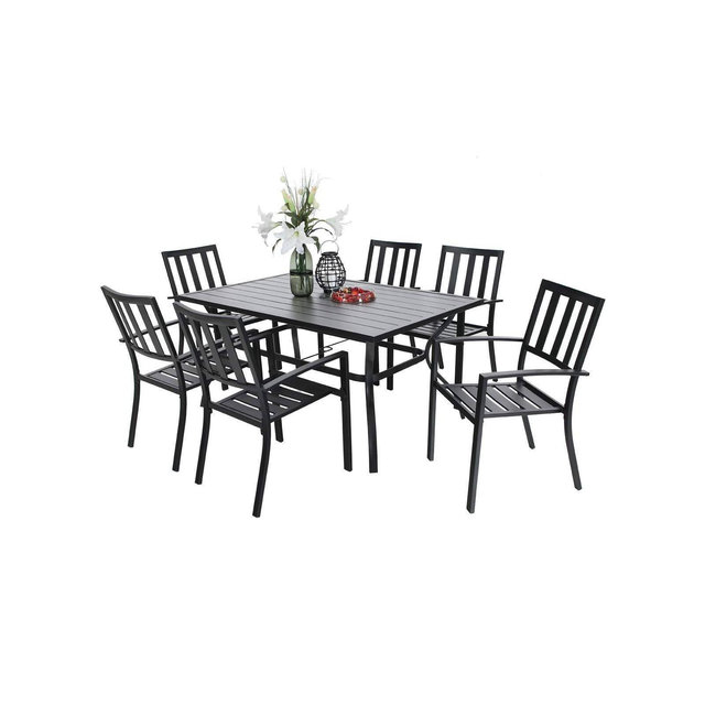 7pc Outdoor Rectangular Table & 6 Chairs with Striped Design - Black - Captiva Designs