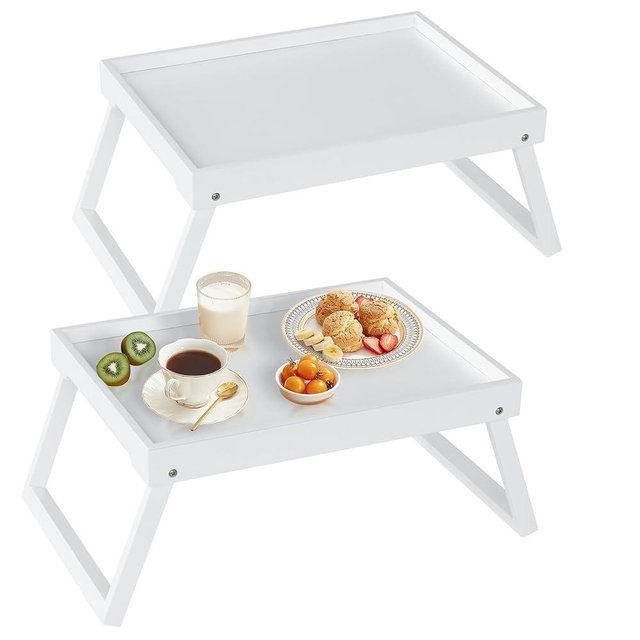 Bamboo Bed Tray Table with Folding Leg, Breakfast in Bed Tray for Kitchen,Eating,TV Table, Laptop Computer,Snack,Sofa or Working, Laptop Desk, 2 Pack(White)