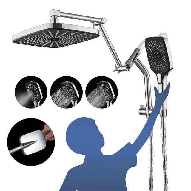 Psylc 12" High Pressure Rain/Rainfall Shower Heads With Handheld Spray Combo (3+1 Settings & Built-in Power Wash Mode), Double/Dual Shower Head With Handheld - Height/Angle Adjustable(Polished Chrome)