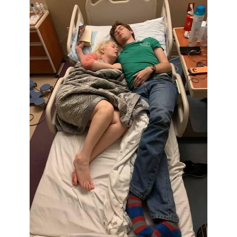 Dylan and Morgan asleep in her hospital bed during one of her many hospital stays her first, and only, semester of college.