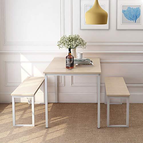 Rhomtree 3 Pieces Dining Set Table with 2 Benches Kitchen Dining Room Furniture 47.6”L x 29.9”W Modern Style Wood Table Top with Metal Frame (Oak)