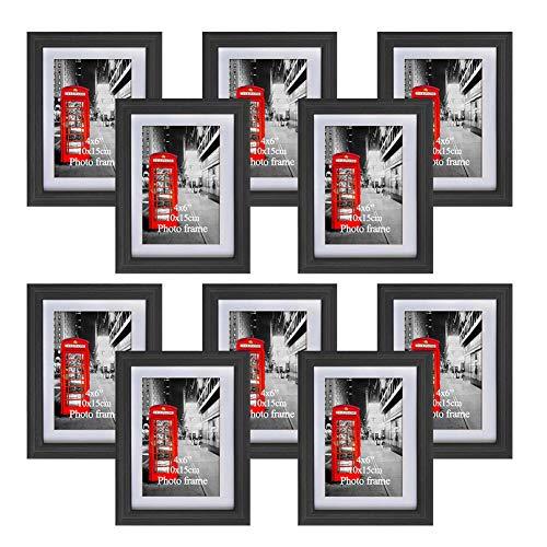 Amazing Roo 4x6 Picture Frame Set of 10 Black Photo Frames with Mats for Table Top Display and Wall Mounting with Real Glass