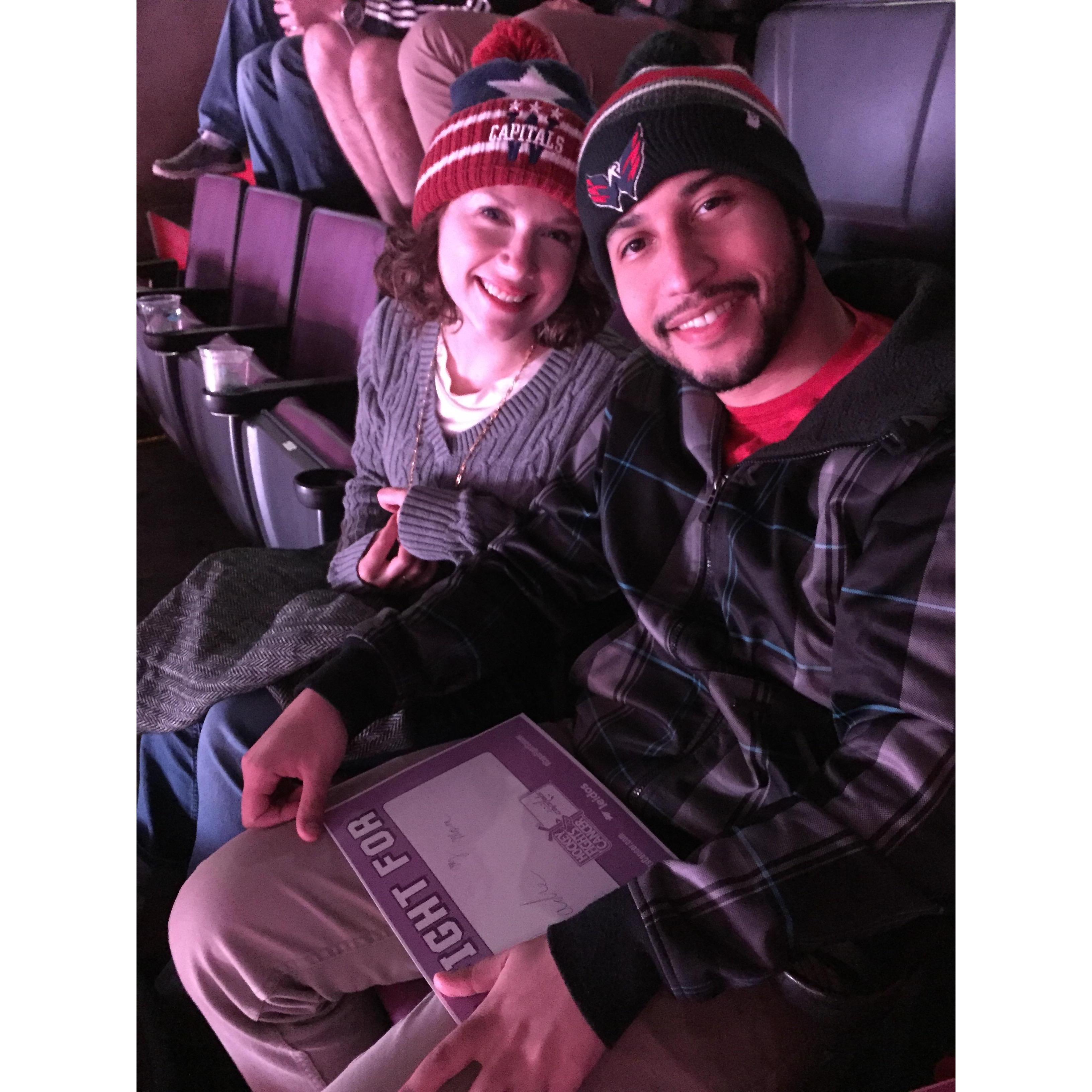 At a hockey game with Ricky's sister, Gabriela, and her boyfriend, Kevin. Sarah was so nervous she couldn't even cheer!