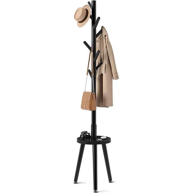 GREENSTELL Coat Rack, Wooden Coat Rack Freestanding with Shelf, Coat Tree with 4 Height Options 50.5"-72.6" for Clothes/Bag/Hats, Hanger Stand for Entryway/Living Room/Bedroom/Office, Black