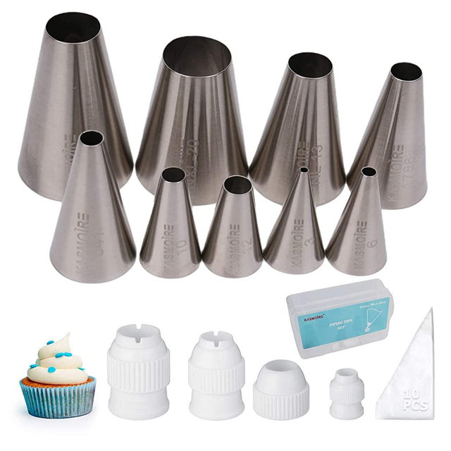 Kasmoire 9 Pcs Round Piping Tip ,Macaron Piping Tip ,Cake and Cookie Decorating Plain Tube Set