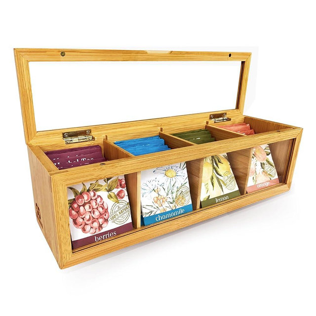 Tea Bag Organizer - Tea Organizer - Tea Storage Box with 4 Compartments (13.5" x 4" x 4.1") - Magnetic Lid & Clear Acrylic Window - Made of Bamboo - Keeps Tea Fresh - Perfect Gift for Tea Lovers