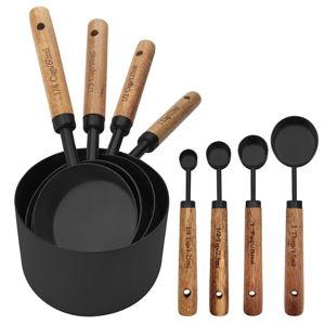 Black Measuring Cups and Spoons Set, Measuring Spoons and Measuring Cup Set for Cooking & Baking with Wood Handle