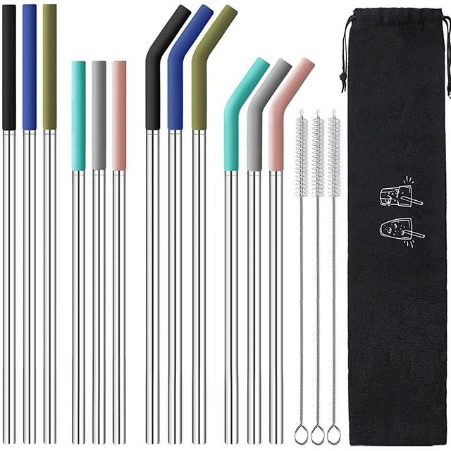 12-Pcs Reusable Metal Straws with Silicone Tips, Stainless Steel Drinking Straws with 3 Cleaning Brushes & 1 Portable Bag- Perfect for 30 oz and 20 oz Tumblers