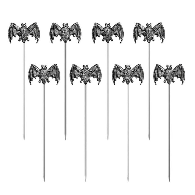 Cocktail Picks Stick, 8pcs Bat Cocktail Toothpicks Stainless Steel Martini Olive Picks for Bar Barbecue Fruit, Bloody Mary Drink Sticks (Black)