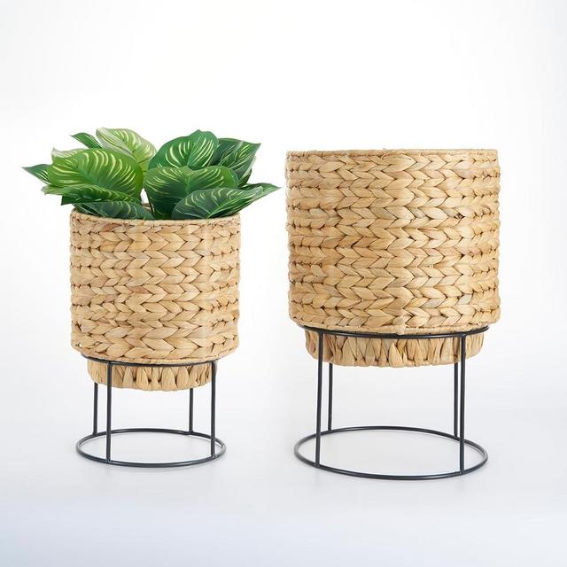 NEERGREVE Set of 2 Water Hyacinth Planter Pot with Metal Stand Indoor for Plant, Flower Pots, Succulent Pot, Basket Planter, Decorative Pot Cover (Classic)