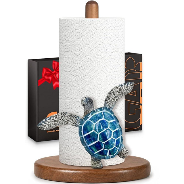 Blue Turtle Paper Towel Holder, Coastal Beach Ocean Home Decor for Kitchen Bathroom Countertop, 3D Sea Turtle Gifts for Women
