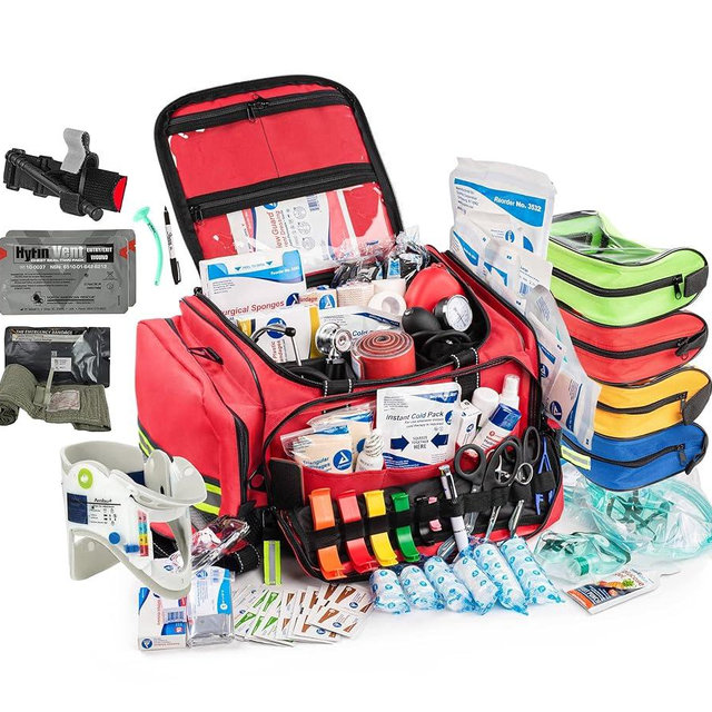Scherber Fully-Stocked First Responder Bag | Large Professional EMT/EMS Trauma & Bleeding Kit | HSA/FSA Approved | CAT Tourniquet, HyFin Chest Seal, Israeli Bandage & 250+ First Aid Supplies (Red)