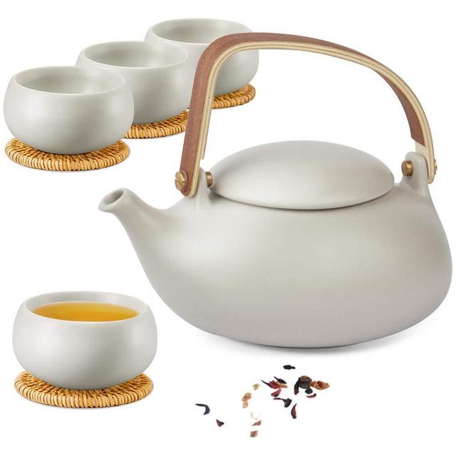 ZENS Ceramic Teapot Set, Matte Grey Japanese Tea Set with Infuser for Loose Tea, 27 Ounce Modern Porcelain Tea Pot with 4 Teacups & Rattan Coasters for Women Gift