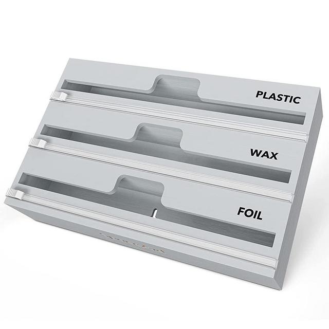 SpaceAid WrapNeat 3 in 1 Wrap Dispenser with Cutter and Labels, Plastic Wrap, Aluminum Foil and Wax Paper Dispenser for Kitchen Drawer, Bamboo Roll Organizer Holder, Compatible with 12" Roll (Gray)