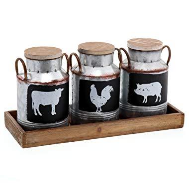 Barnyard Designs Decorative Galvanized Metal Jars with Rustic Handles and Wood Lid & Tray | Country Home Decor with Farm Animal Jug Designs | Set of 3