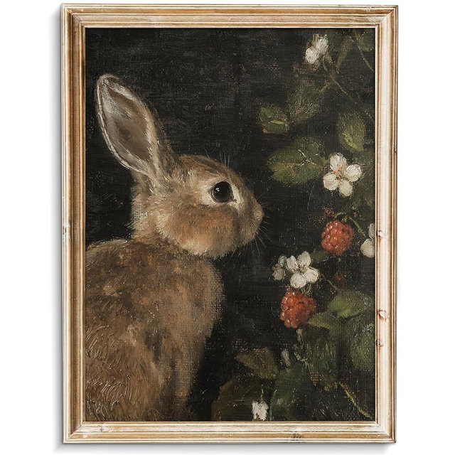 uniro Vintage Rabbit Wall Art, Farmhouse Canvas Wall Decor, Easter Bunny and flowers Painting, Antique Rabbit Painting Wall Art Decoration for Office Bedroom Room Living Decor(8" x 10"-UNFRAMED)