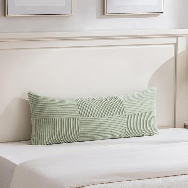 Fancy Homi Set of 1 Sage Green Boho Long Lumbar Body Decorative Throw Pillow Cover 14x36 Inch for Bed Couch Bedroom Bench, Soft Patchwork Corduroy Textured Pillow Case, Rustic Farmhouse Room Decor
