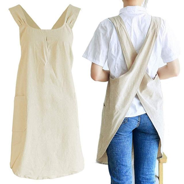 Japanese Linen Cross Back Kitchen Cooking Aprons for Women with Pockets Cute for Baking Painting Gardening Cleaning Khaki
