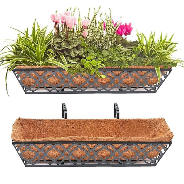 HFHOME 24 Inch Window Deck with Coco Liner, 24" Window Boxes Horse Trough with Coconut Coir Liner, Black Metal Hanging Flower Planter Basket Railing Planter for Outdoor Indoor Lawn - 2 Pack