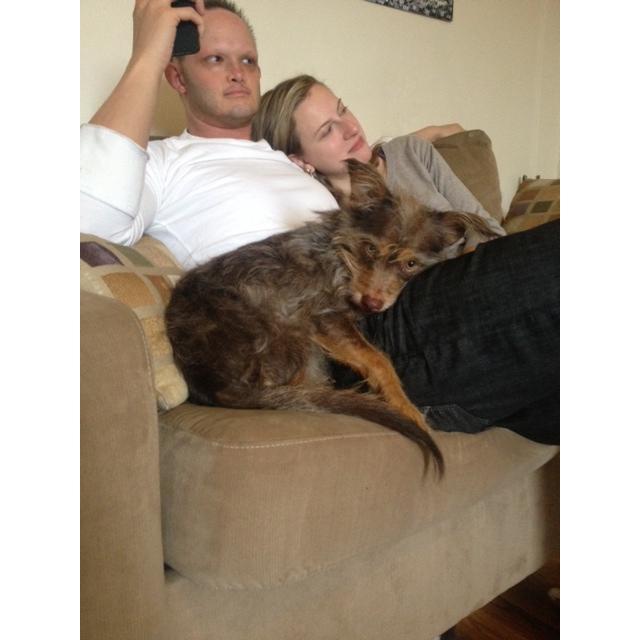 One of our first pictures as a couple. Matt's roommate's dog is a good model