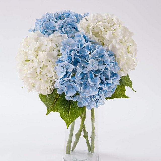 4 Pcs Hydrangea Artificial Flowers, 21'' Real Touch Latex Faux Hydrangeas,Fake Flowers Bouquets for Floral Arrangements Outdoor Wedding Kitchen Table Centerpiece Home Decoration（2White & 2Light Blue）