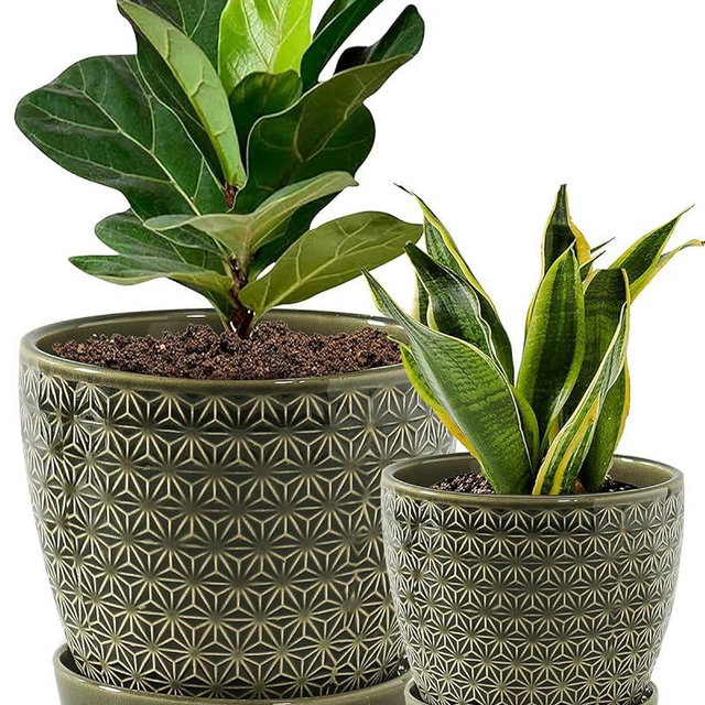Ceramic Plant Pots, 6.5/5.5 Inch Pots for Indoor Plants, Planters with Drainage Hole and Saucer, Flower Pots for Snake Plants and Cactus, Indoor/Outdoor, Set of 2 Gardening Decoration Gift,Green