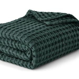 Bedsure Cooling Cotton Waffle Queen Size Blanket - Lightweight Breathable Blanket of Rayon Derived from Bamboo for Hot Sleepers, Luxury Throws for Bed, Couch and Sofa, Dark Green, 90x90 Inches