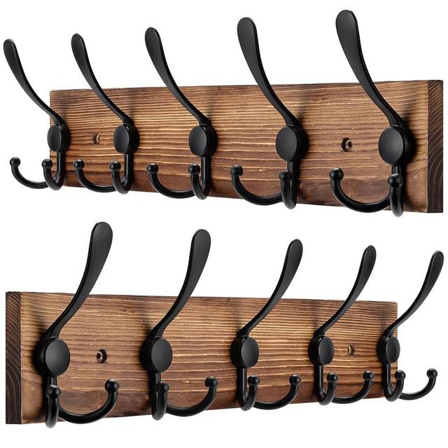 Kuhome 2pcs Coat Rack Wall Mount Wooden Hat Rack for Wall Hooks Pine Real Wood Plank 16.9" Brown Coat Hanger with 5 Triple Hooks for Hanging Coat Hat Jacket