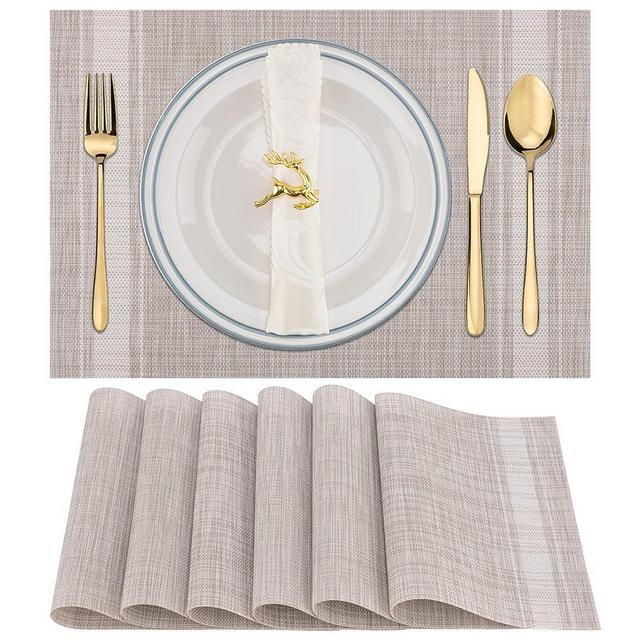 Winknowl Placemats, Set of 6 Heat Resistant Stain Resistant Non-Slip Woven Vinyl Insulation Placemats, Washable Durable Elegant Table Mats for Dining (Beige White)