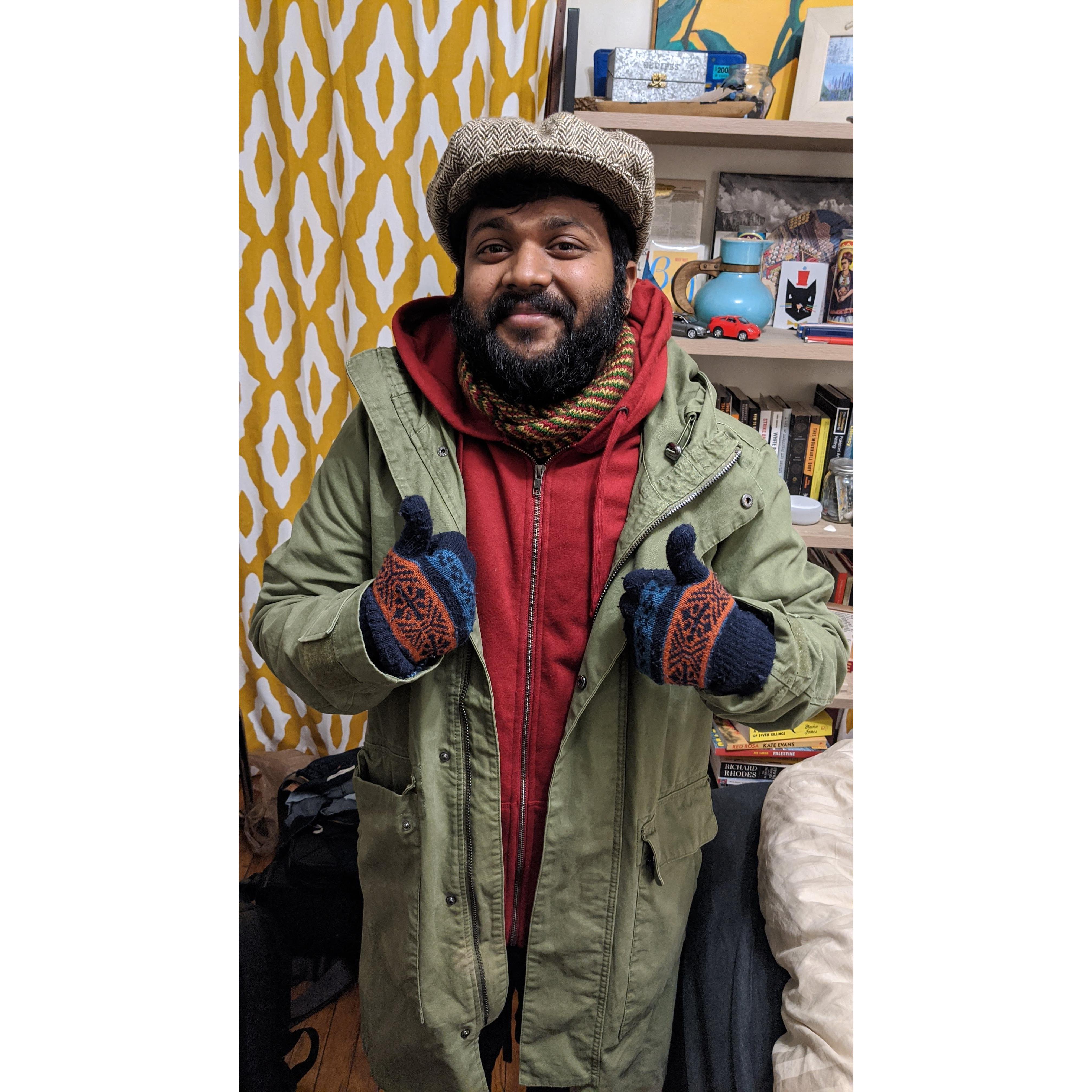 Abhi got tired of having to wear his winter coat in Boston and opted for the layer technique instead, with great success.