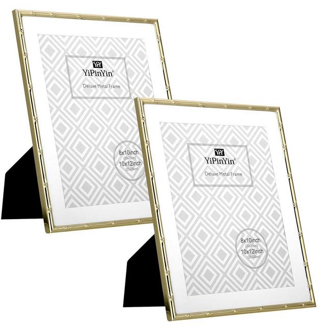 YiPinYin 2-Pack 10x12 Gold Bamboo Metal Picture Frames | Acid-Free Mat for 8x10 Photos | Narrow Plated Edge | Velvet Backing | Wall & Tabletop Display | Elegant Home/Office Decor