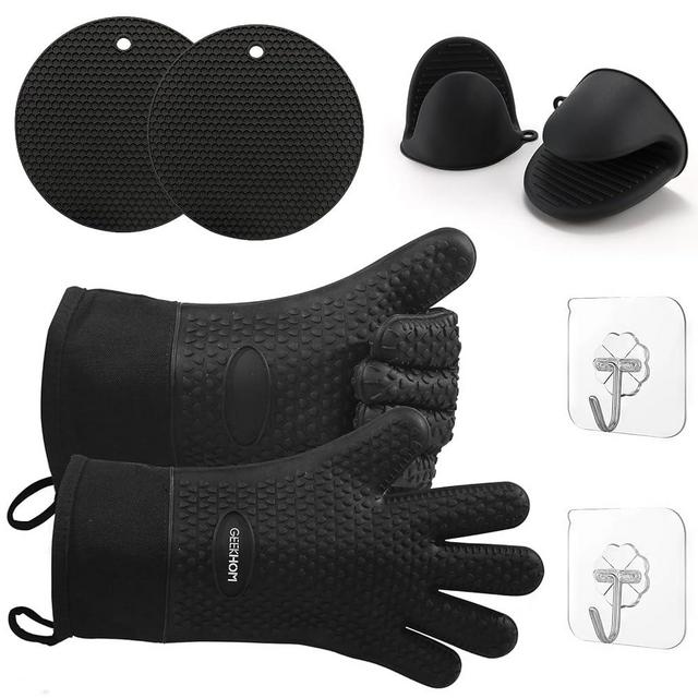 GEEKHOM 8-Piece Silicone Heat Resistant Gloves Set for BBQ, Grilling, Oven & Kitchen, Non-Slip Mitts with Trivet Mats, Hooks & Pinch Grips