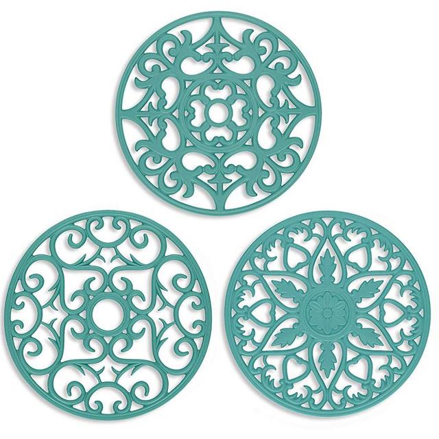 ME.FAN 3 Set Silicone Multi-Use Intricately Carved Trivet Mat - Insulated Flexible Durable Non Slip Coasters (Teal Blue)