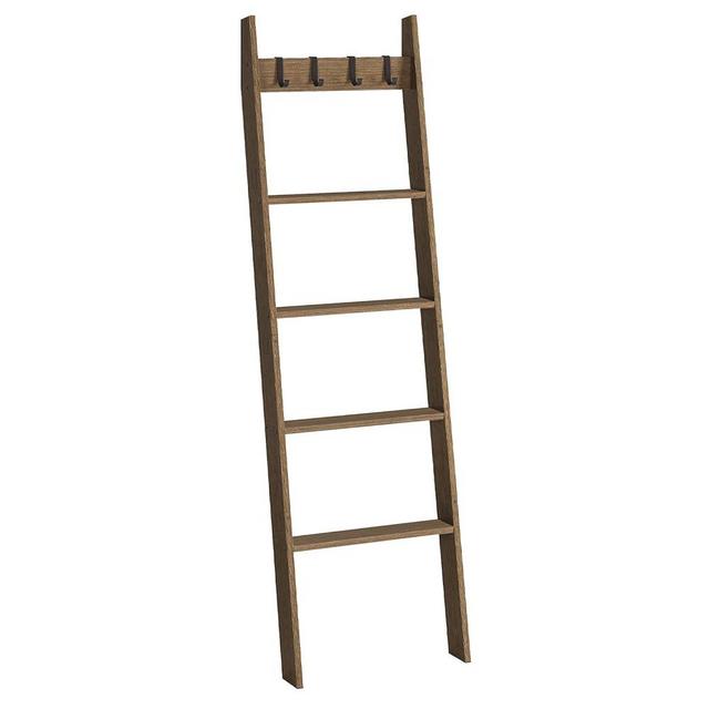 HOOBRO Blanket Ladder, Wall Leaning Blanket Rack, 5 Ft, 5 Tier Farmhouse Ladder Shelf, Towel Rack, Decorative Quilt Rack, Removable Hooks, Living Room, Bedroom, Bathroom, Mocha MA51CJ01G1