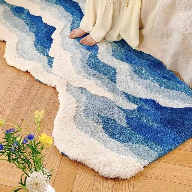 ZYLG Blue 3D Ocean Wave Bath Mat, Cute Funky Bathroom Rugs,for Coastal Beach Nautical Themed Decor, Non-Slip Washable Tufted Rug for Bedroom Kitchen Runner Rug (27.6 x 63 in)