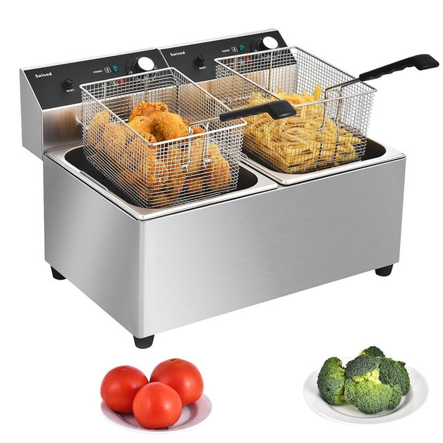 Commercial Deep Fryer with Basket, 3400w 28Qt Dual Tank 0.6mm Thickened Stainless Steel Countertop Electric Fryer for Home and Commercial Use, Oil Fryer with Double Overheat Protection