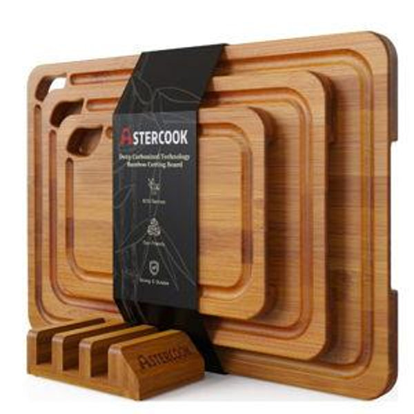 Astercook 4-Pieces Wood Cutting Board, Bamboo Chopping Board for Kitchen with Holder, Cutting Boards Set with Juice Groove and Handles, Charcuterie Board for Chopping Meat, Vegetables and Fruits