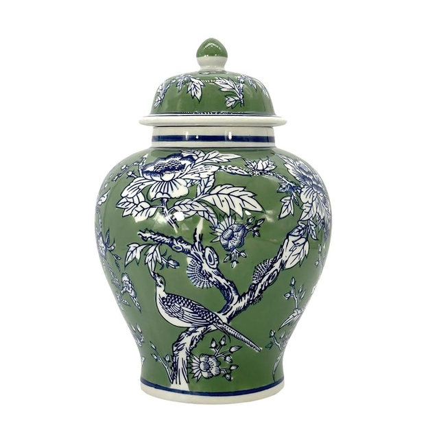 Galt International Classic Green & Blue Floral Chinoiserie Jar 12" w/Lid - Ginger Jar, Tea Storage, Decorative, Home Decor Vase