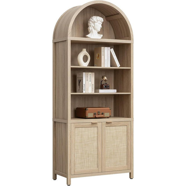 SICOTAS Book Shelf Arched Cabinet Bookshelf Arch 84.2" Tall Bookcase 5 Tier Large Bookshelves with Doors Storage Rattan Boho Wide Book Shelves Case for Living Room Kitchen Office Bedroom Library